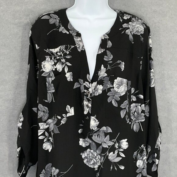 Torrid Harper Plus Size 3x Black Floral Print Roll Tab Sleeve Tunic Blouse Top - Picture 4 of 11